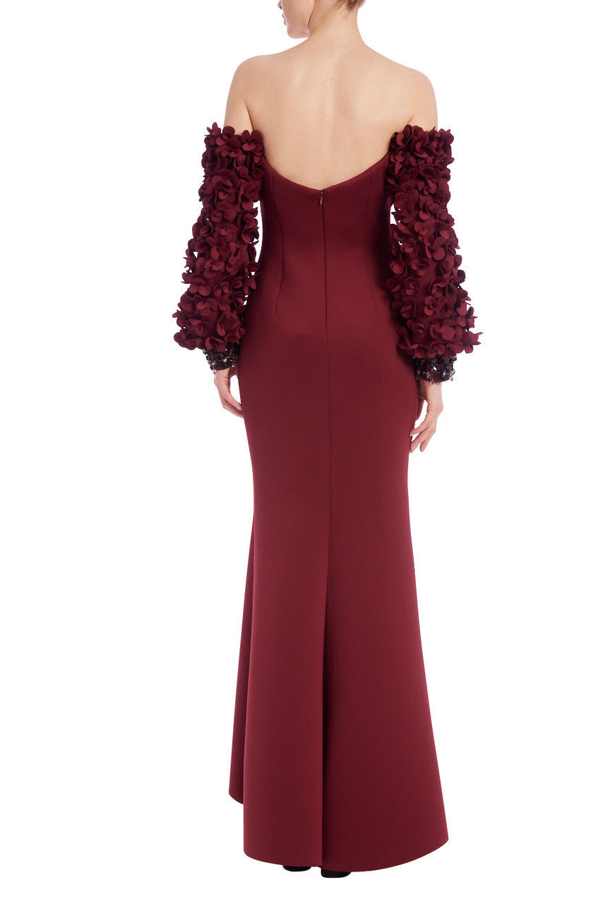 Wine | Off-Shoulder Petal Sleeve Gown