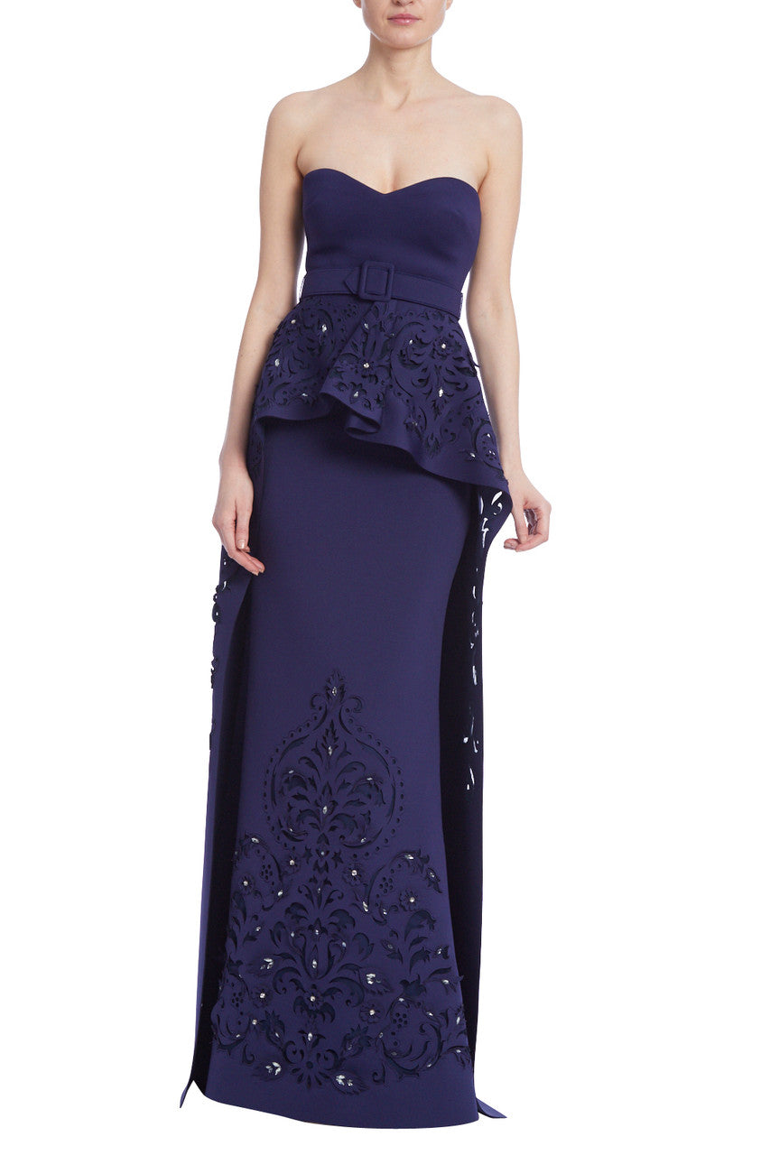 Marine | Strapless Peplum Gown with Laser-Cut Details