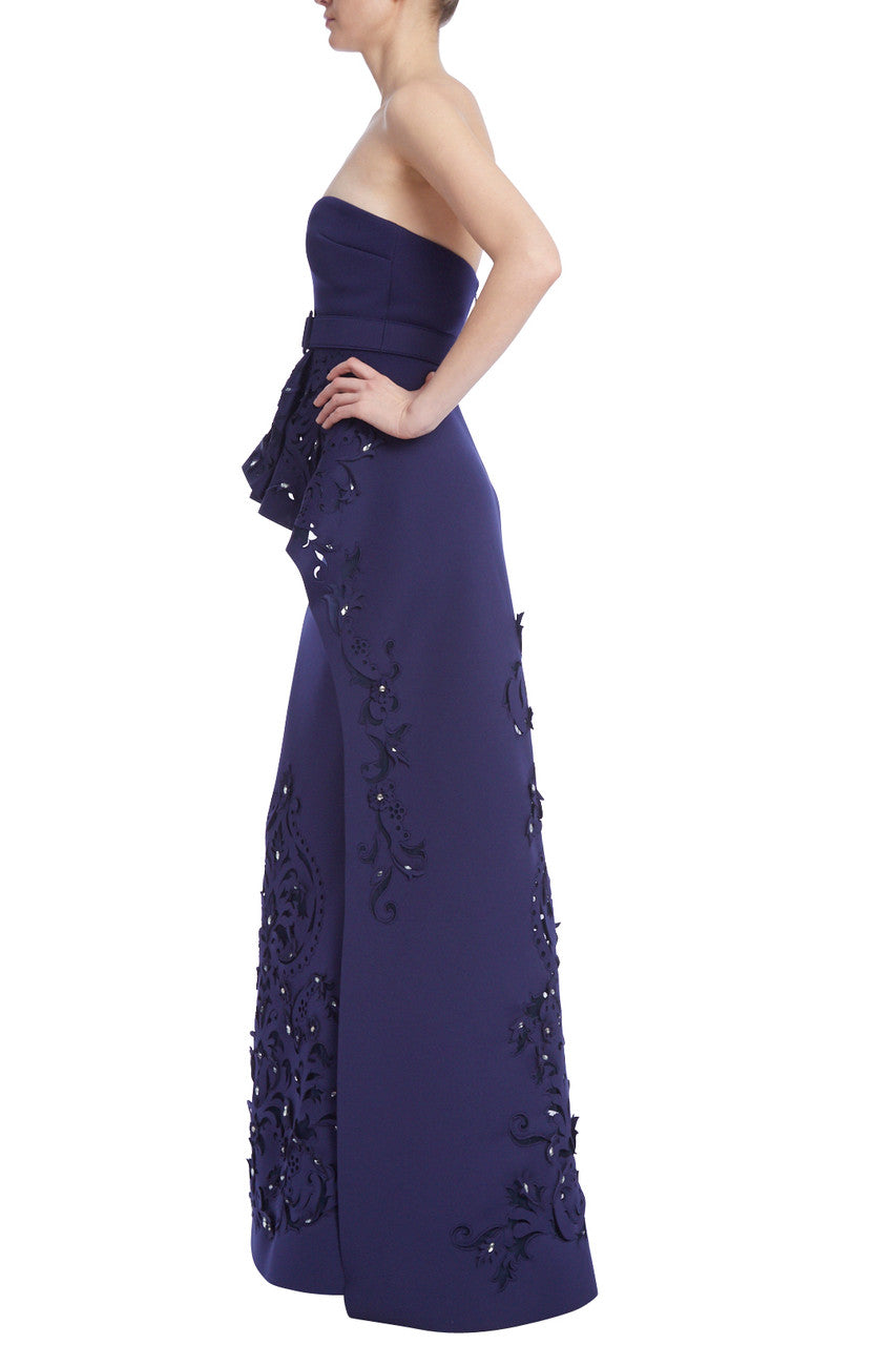 Marine | Strapless Peplum Gown with Laser-Cut Details