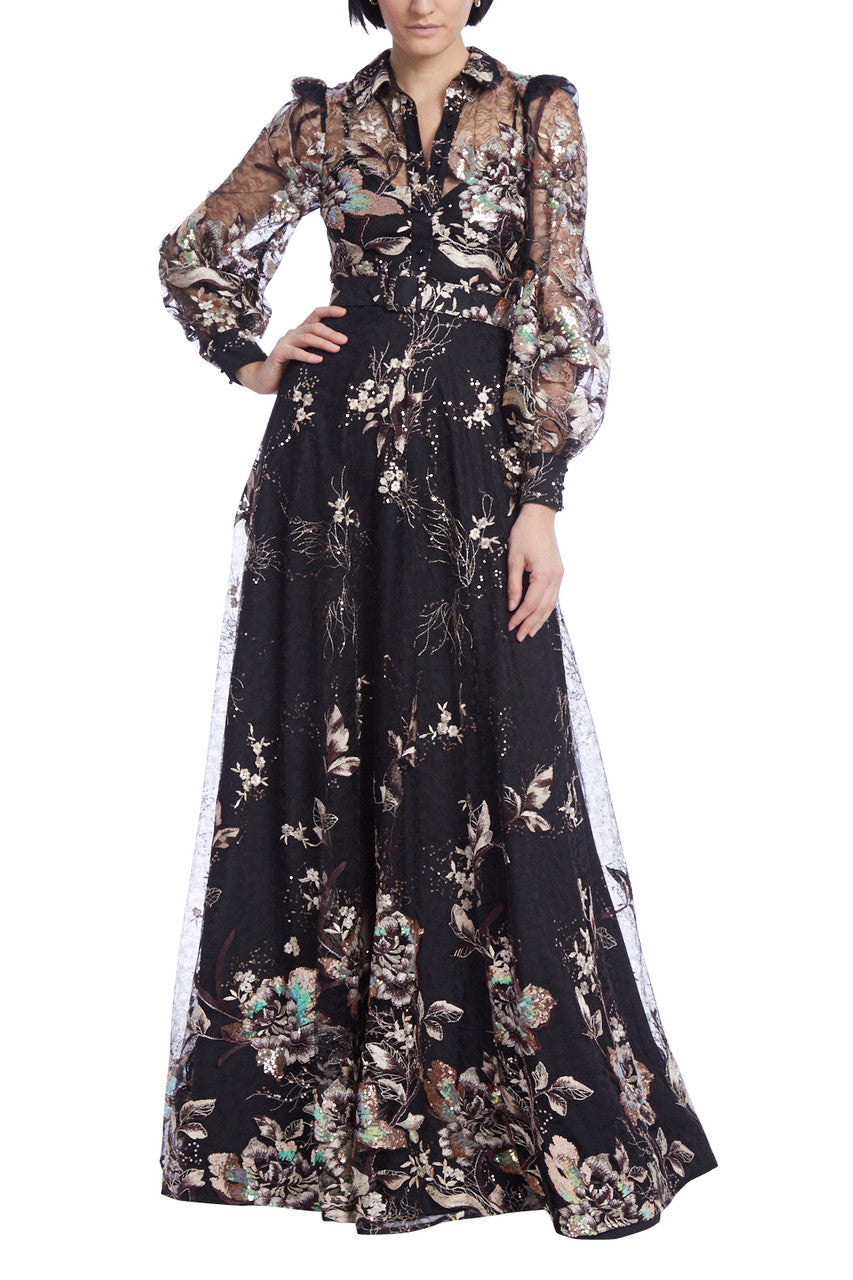 Black Multi | Floral Embroidered Tulle Shirt Gown