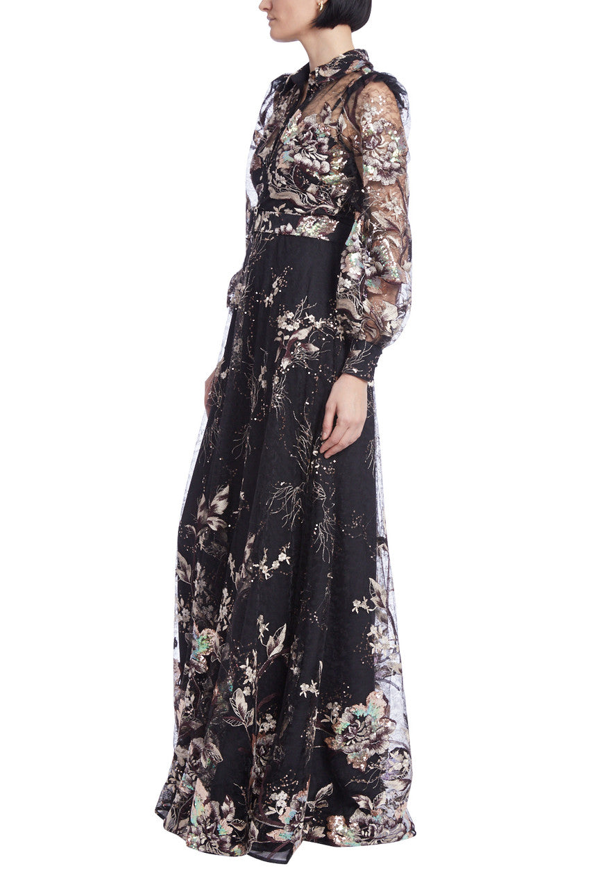 Black Multi | Floral Embroidered Tulle Shirt Gown