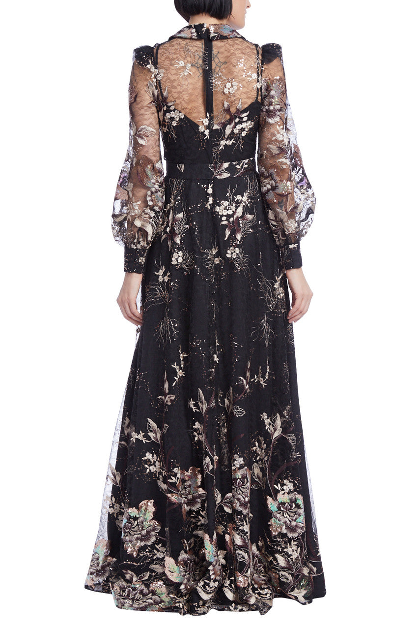 Black Multi | Floral Embroidered Tulle Shirt Gown