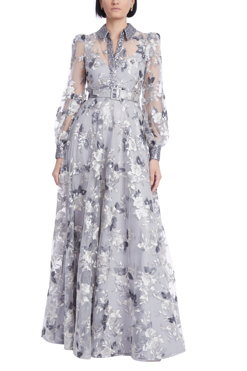 Silver | Floral Embroidered Tulle Shirt Gown with Sequin Trim