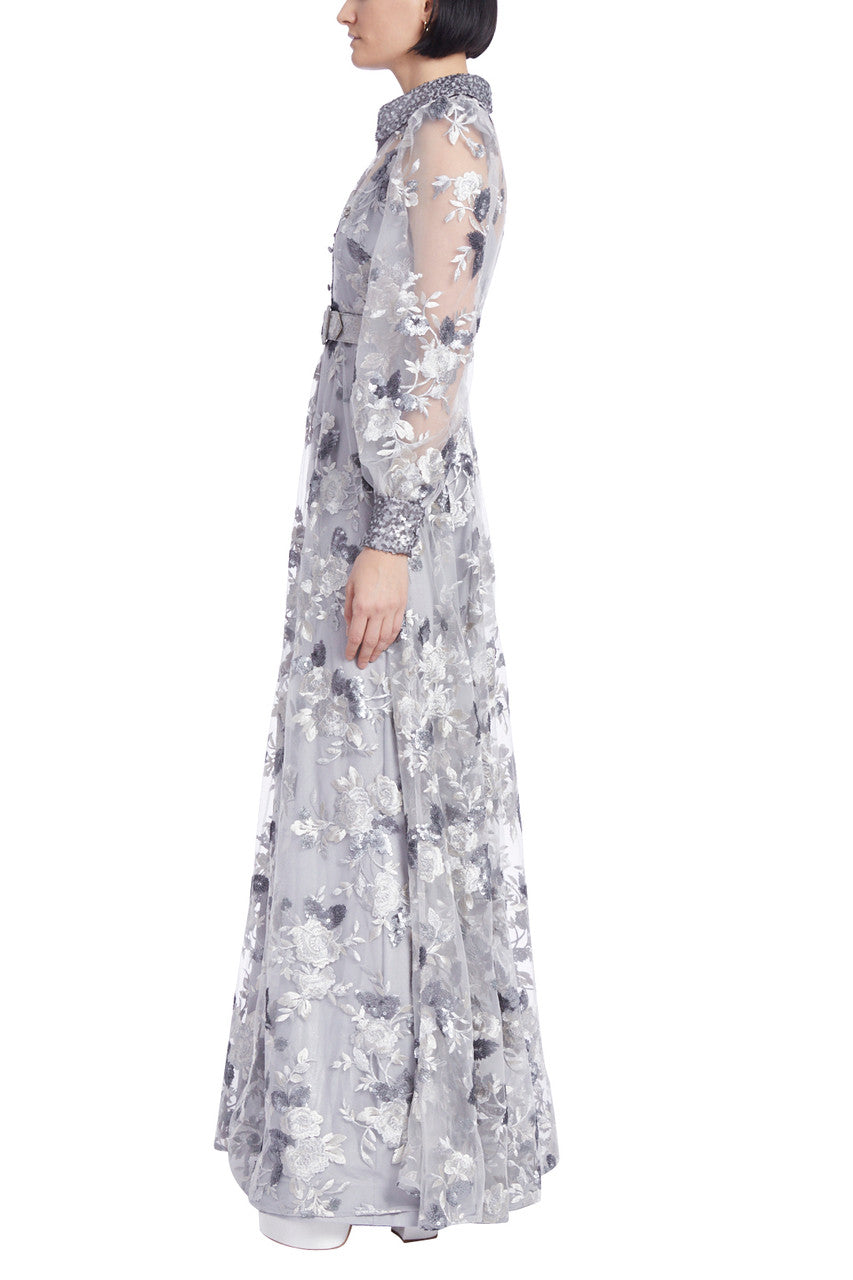 Silver | Floral Embroidered Tulle Shirt Gown with Sequin Trim