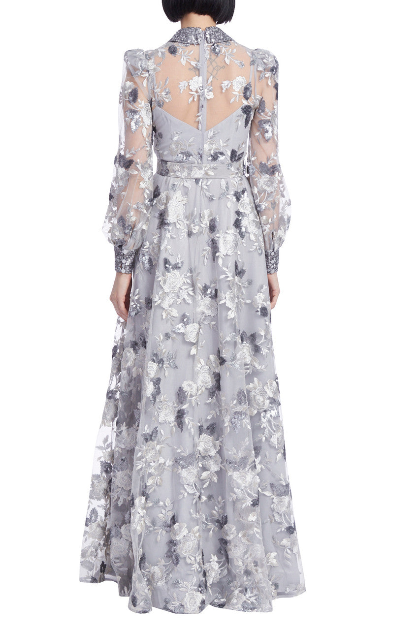 Silver | Floral Embroidered Tulle Shirt Gown with Sequin Trim