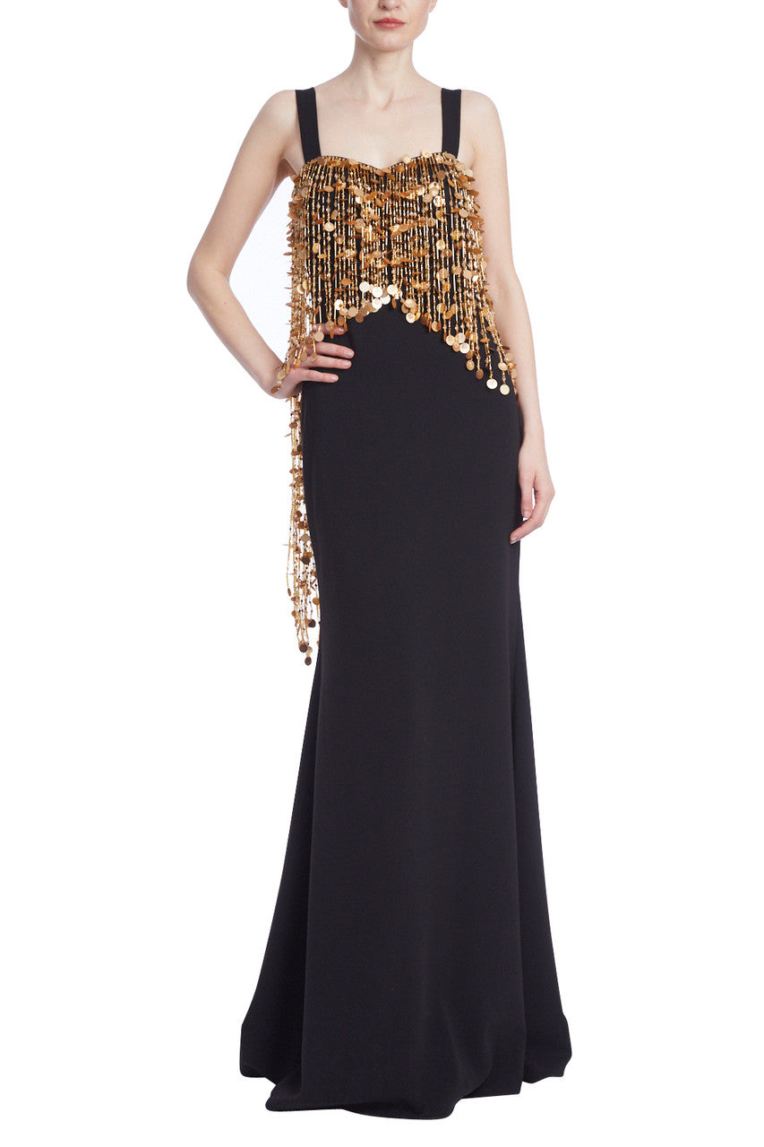 Black Gold | Gold Beaded Fringe Column Gown