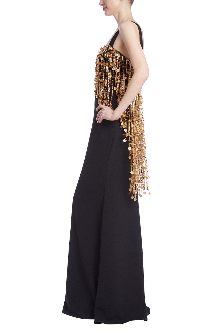 Black Gold | Gold Beaded Fringe Column Gown