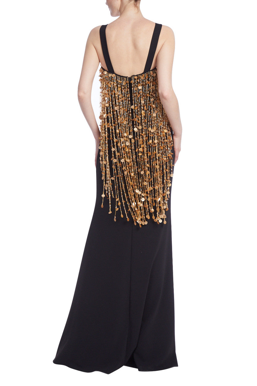 Black Gold | Gold Beaded Fringe Column Gown