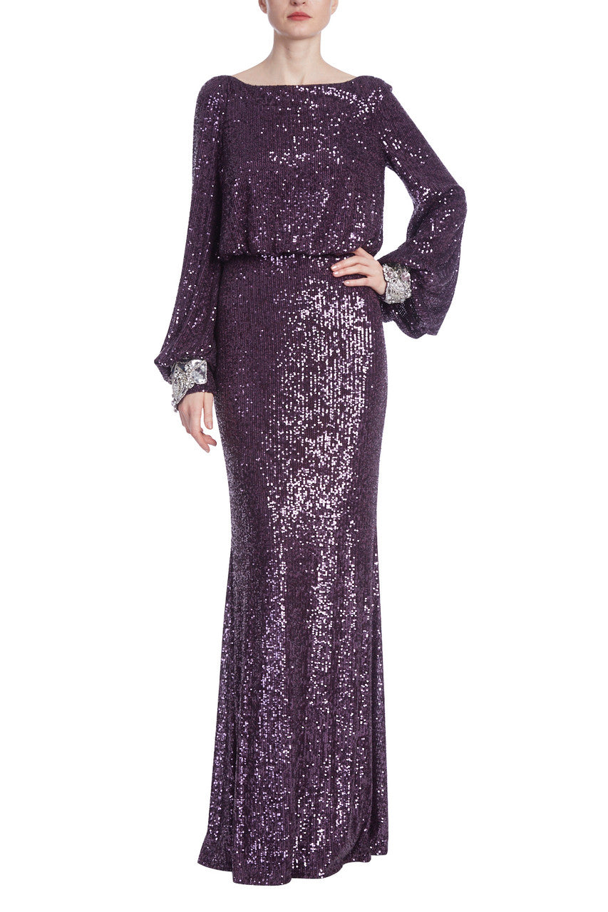 Eggplant | Sequined Boat Neck Column Gown with Balloon Sleeves