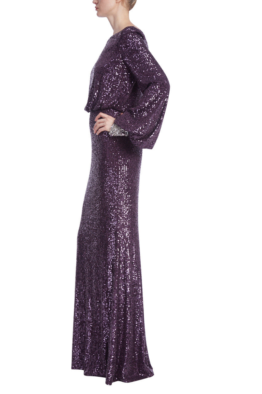 Eggplant | Sequined Boat Neck Column Gown with Balloon Sleeves