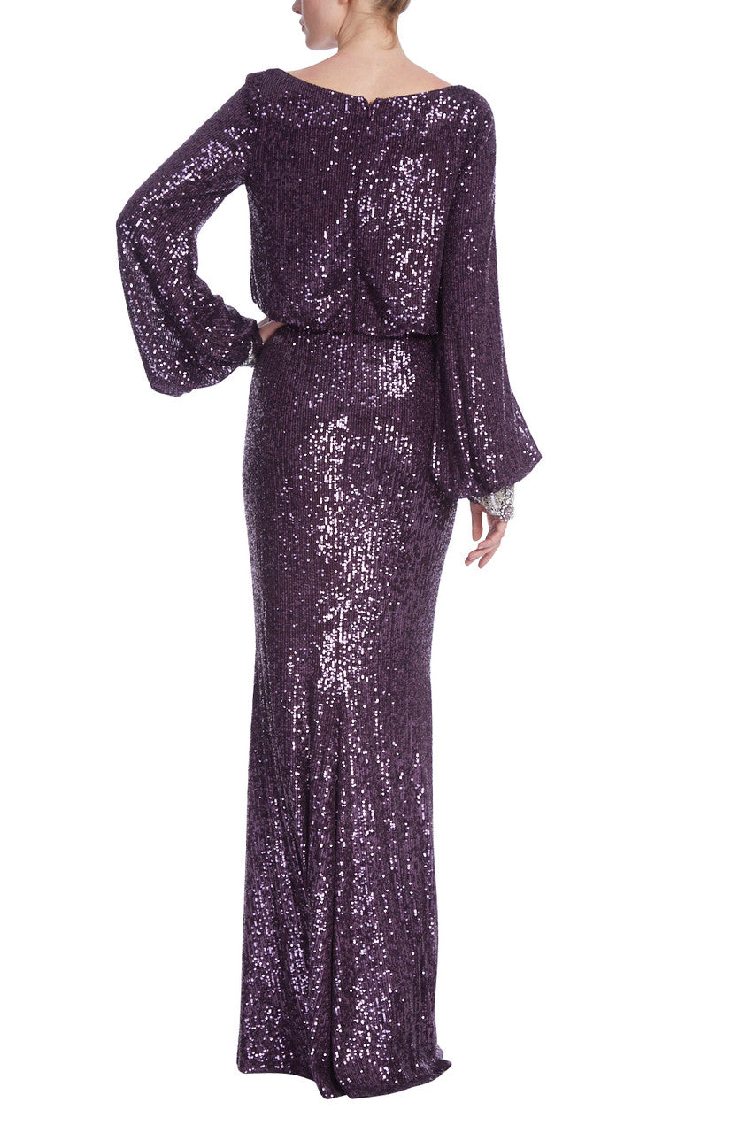 Eggplant | Sequined Boat Neck Column Gown with Balloon Sleeves