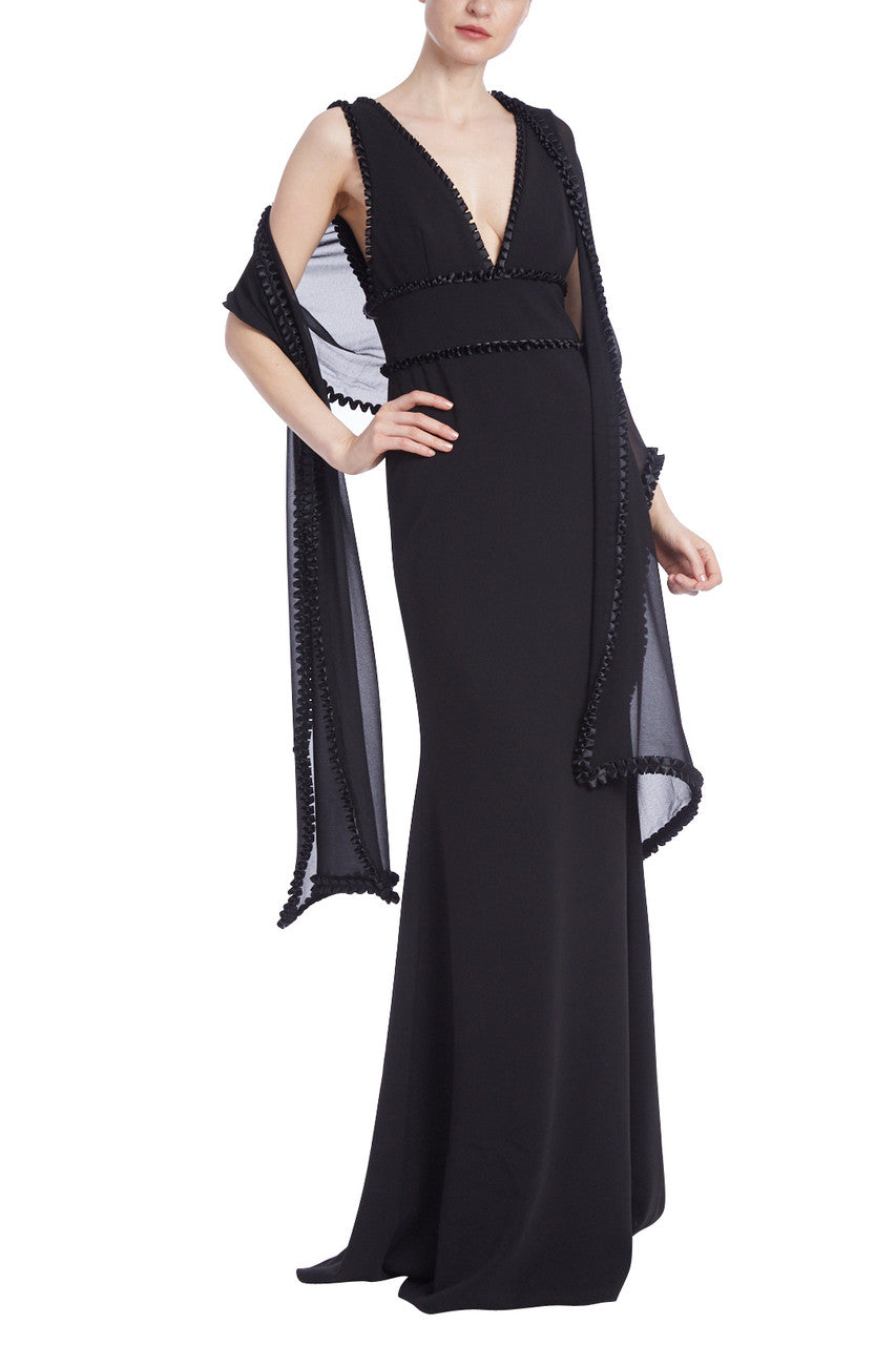 Black | Sleeveless Pleated Trim Gown with Removable Shawl