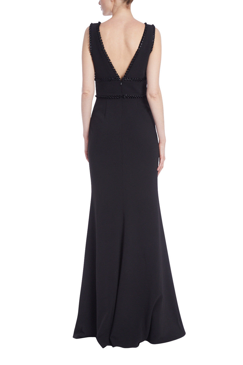 Black | Sleeveless Pleated Trim Gown with Removable Shawl
