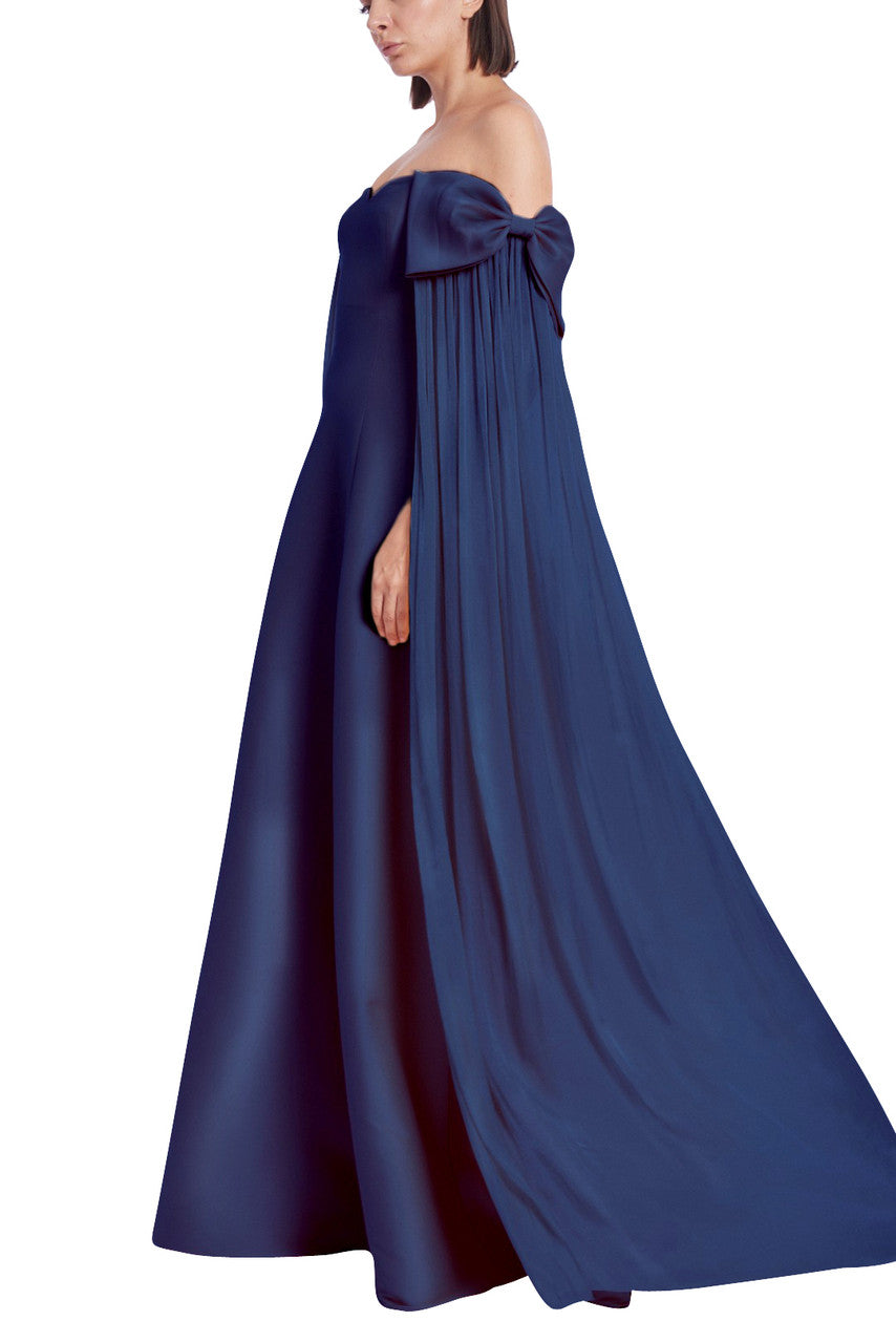 Navy | Off-Shoulder Cape Gown with Bows