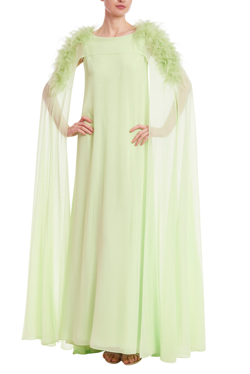Lime | Feather and Crystal Embellished Cape Gown