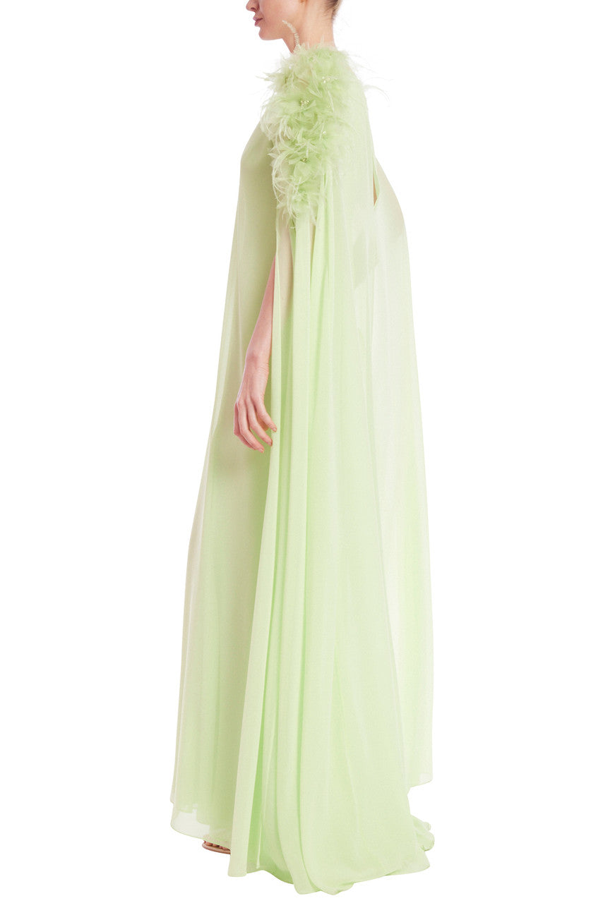 Lime | Feather and Crystal Embellished Cape Gown