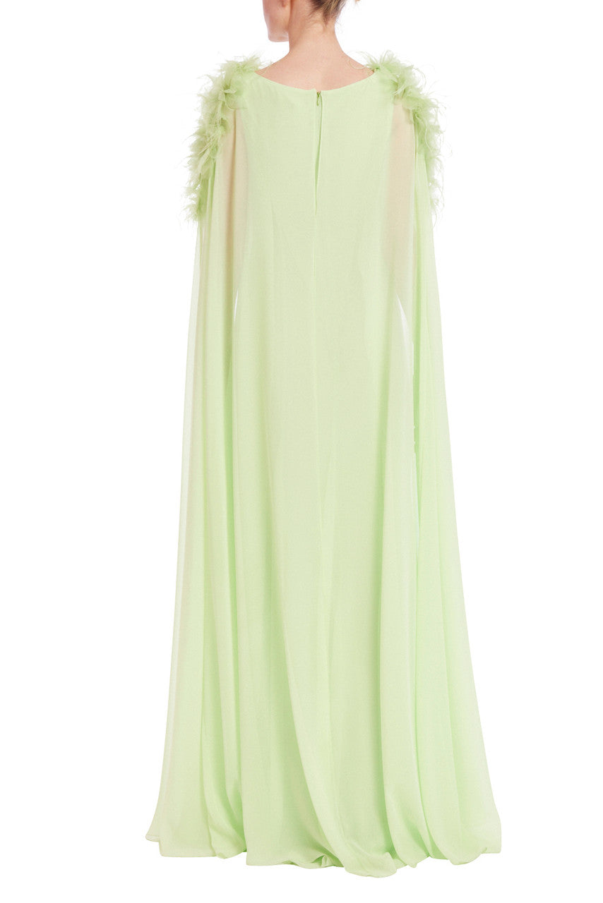Lime | Feather and Crystal Embellished Cape Gown