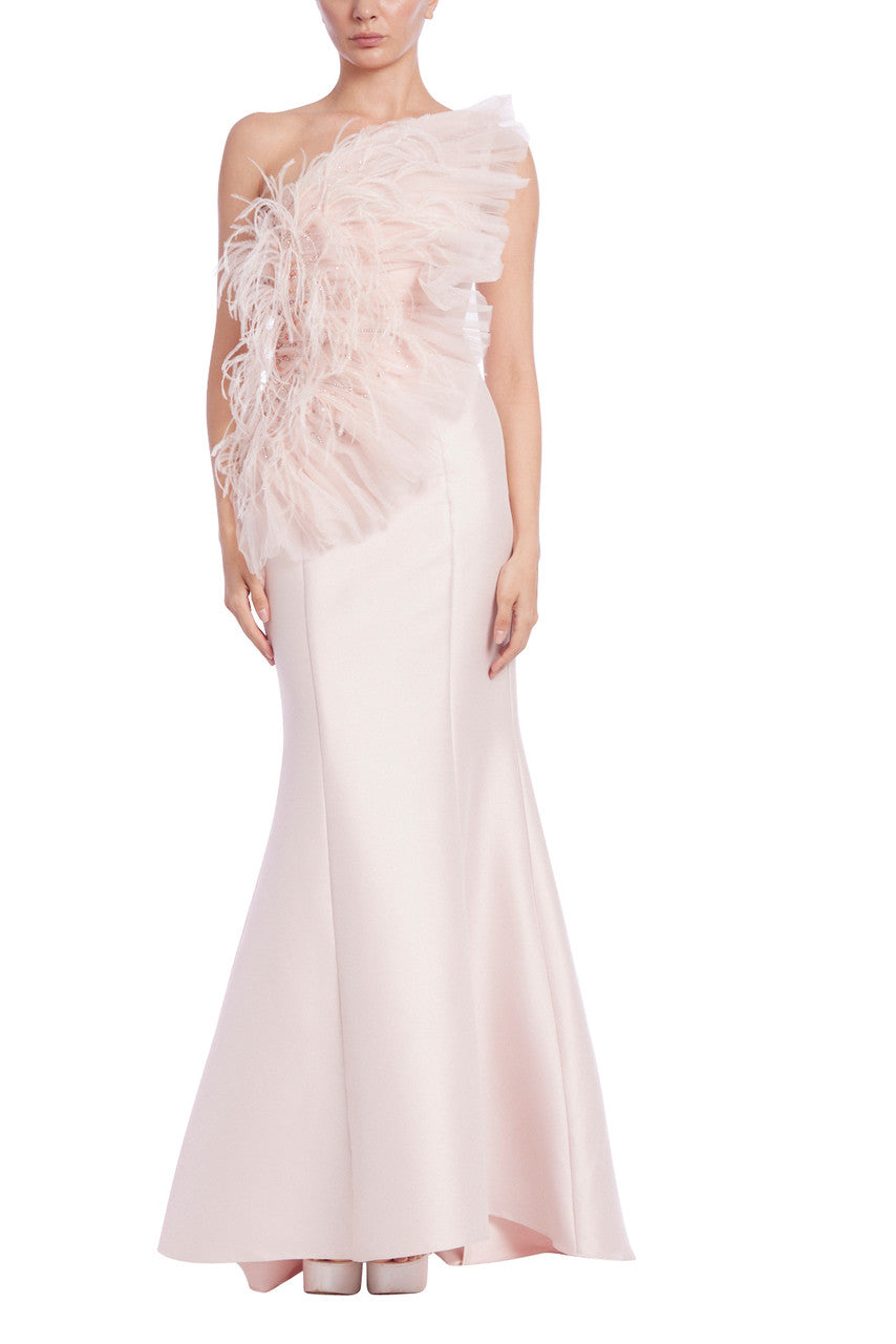 Blush | Strapless Feather Fan Mermaid Gown