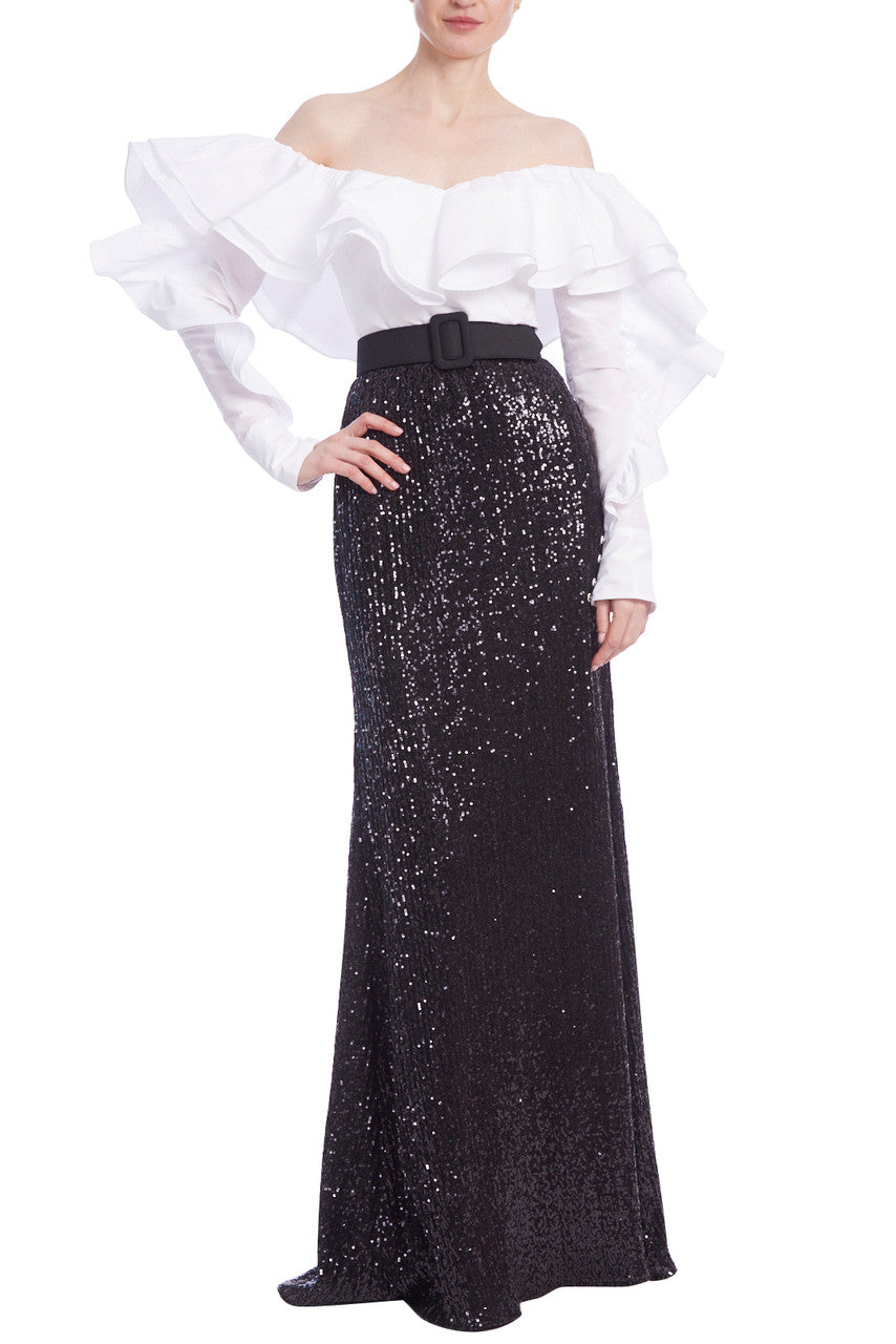 Black White | Ruffled Off the Shoulders Sequin Combo Gown