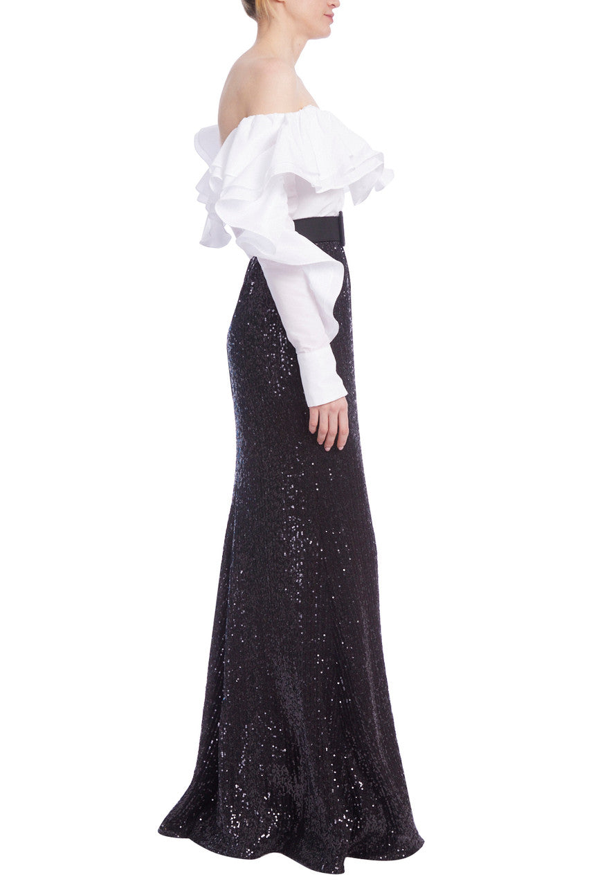 Black White | Ruffled Off the Shoulders Sequin Combo Gown