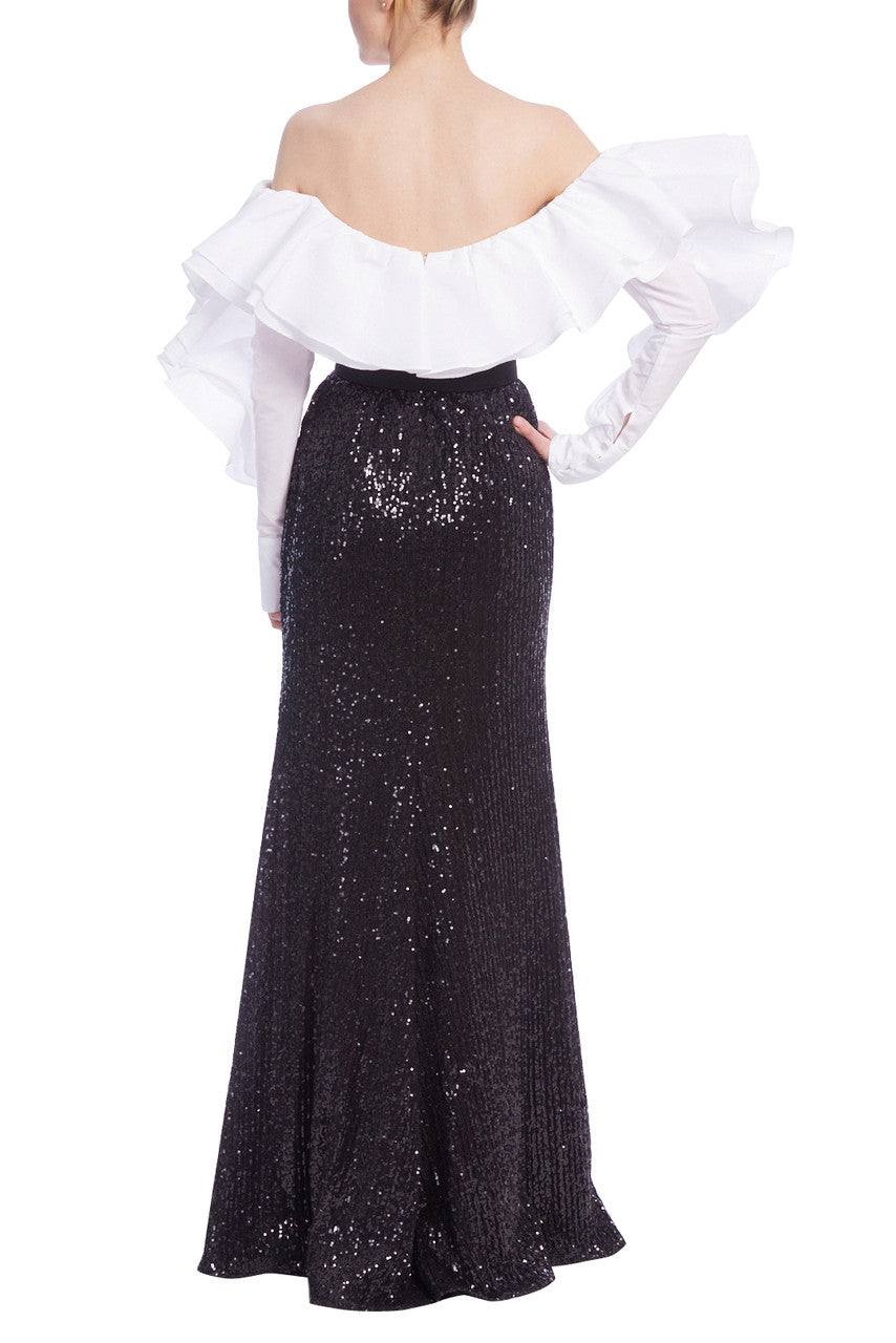 Black White | Ruffled Off the Shoulders Sequin Combo Gown
