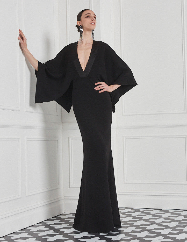 Black | Dramatic Deep V-Neck Gown with Butterfly Sleeves