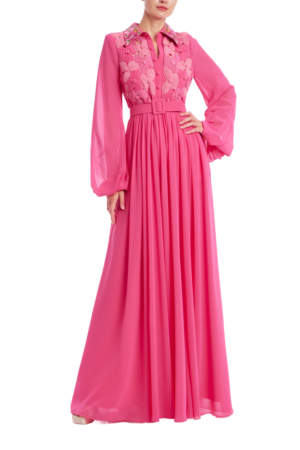Badgley Mischka Floral Embroidered Long Sleeve Shirt Gown Dress