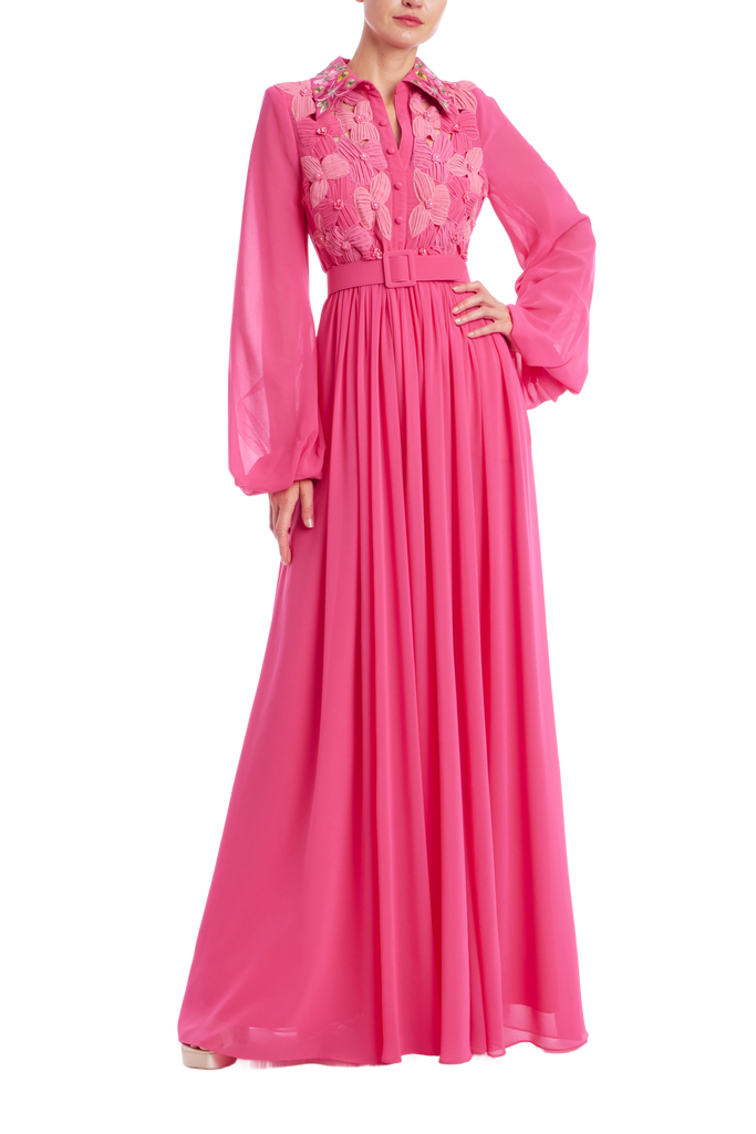 Floral Embroidered Long Sleeve Shirt Gown by Badgley Mischka