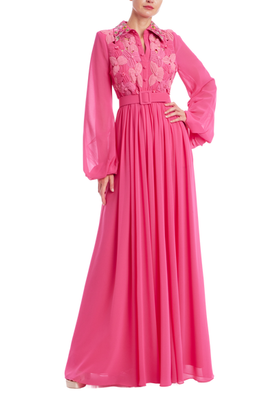 Badgley Mischka Floral Embroidered Long Sleeve Shirt Gown Dress