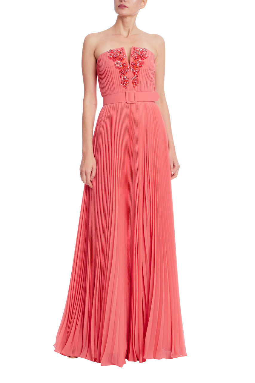 Coral | Strapless Coral Pleated Gown with Beaded Bodice Front