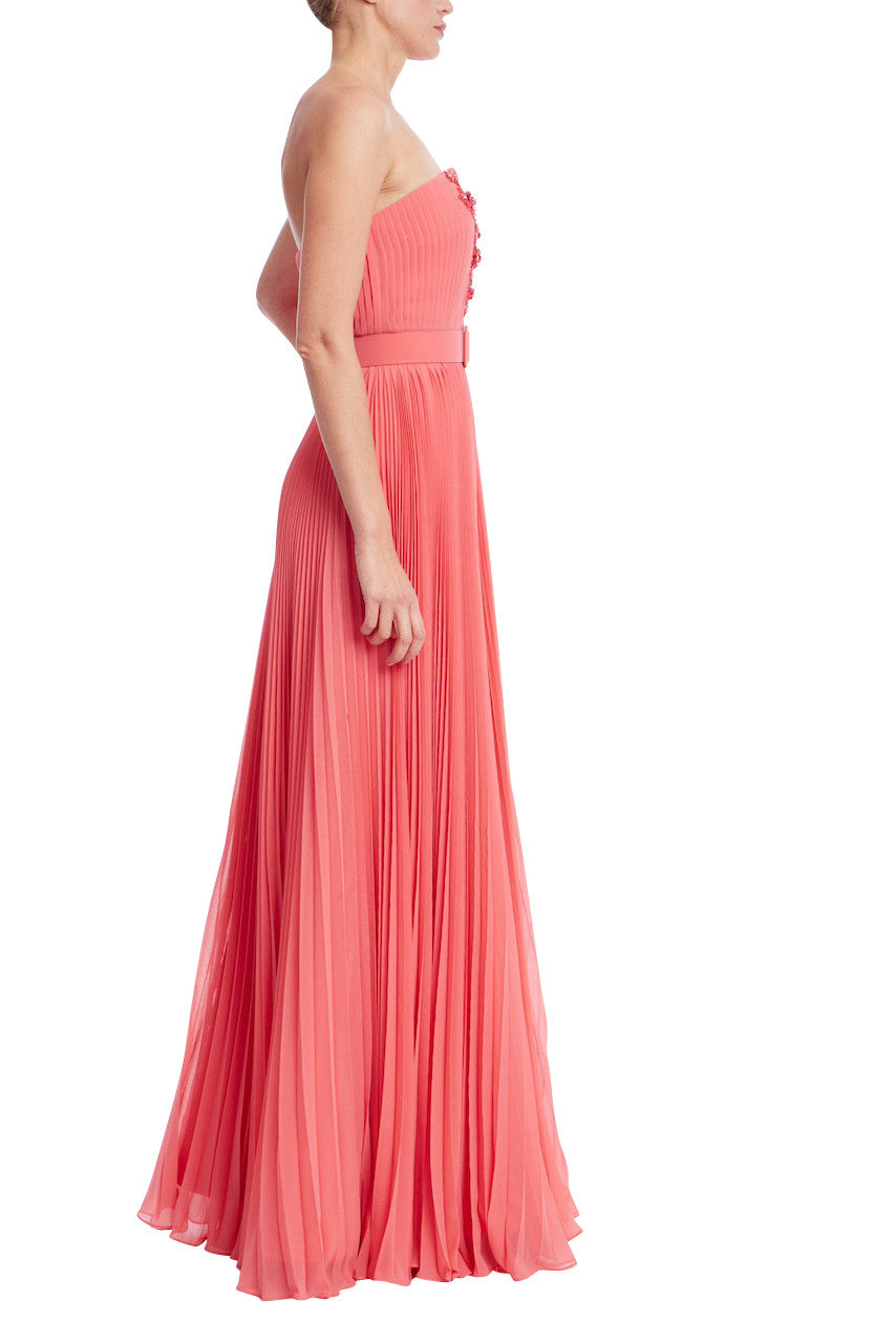 Strapless Coral Pleated Gown with Beaded Bodice Strapless Coral Pleated Gown with Beaded Bodice