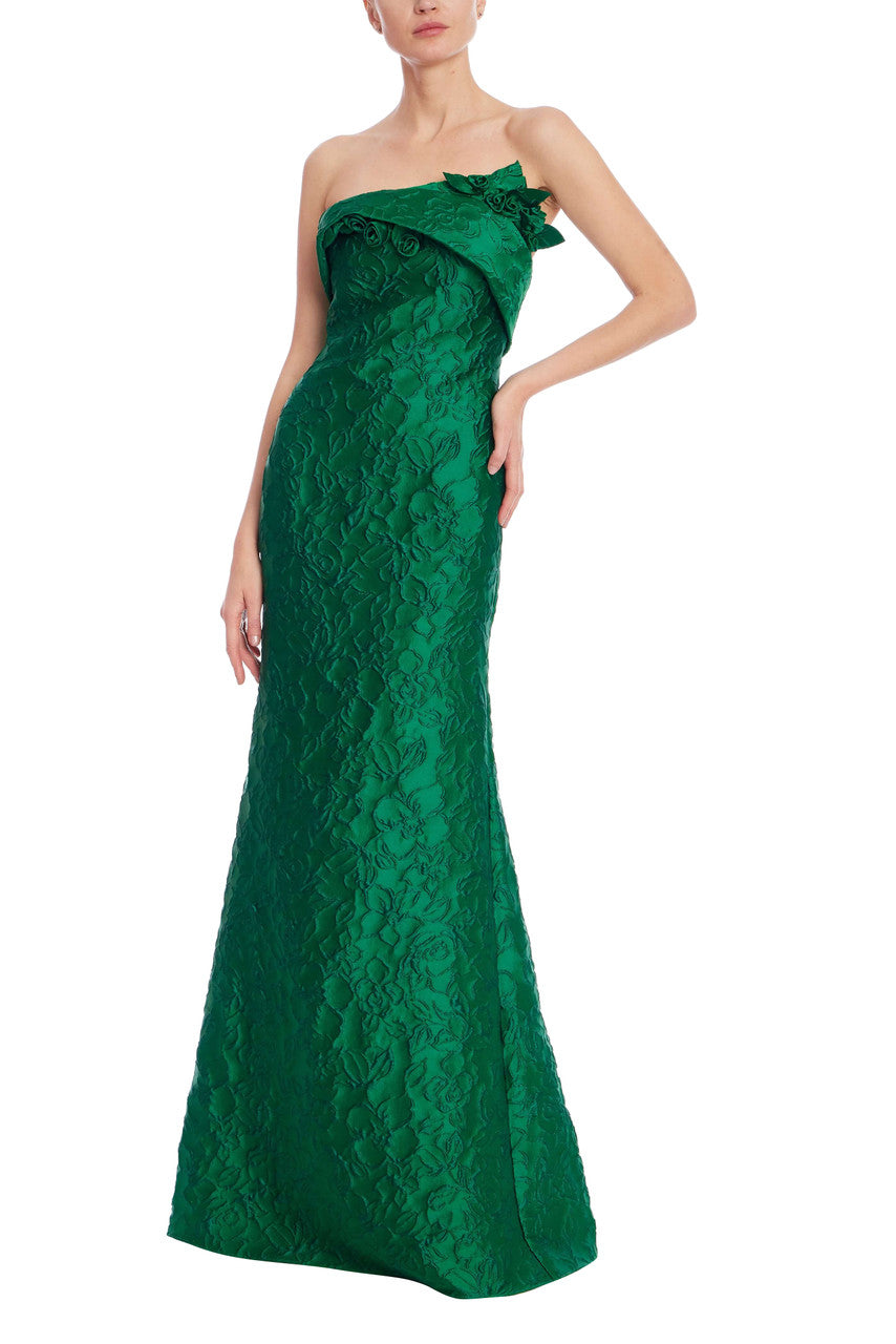 Emerald | Emerald Green Strapless Floral Jacquard Mermaid Gown Front