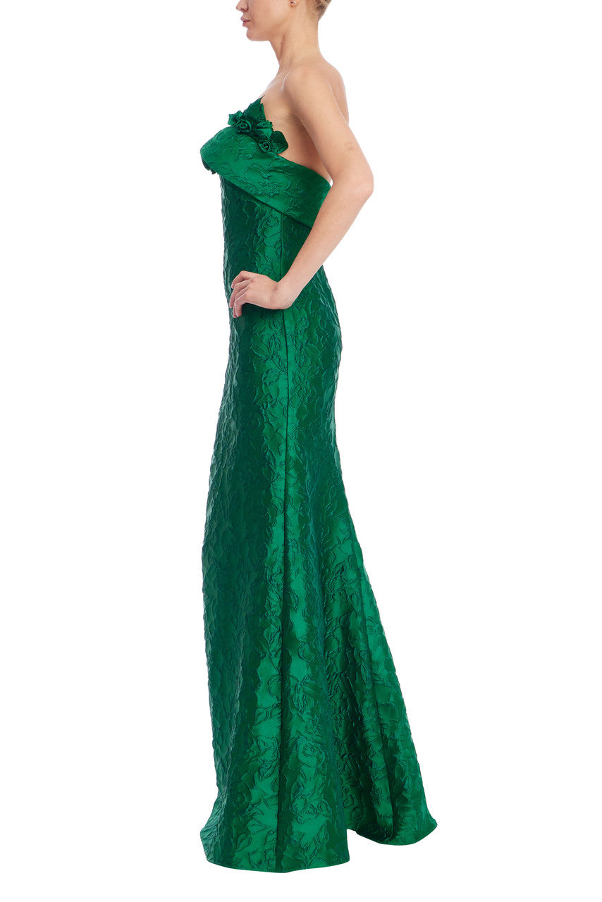 Emerald | Emerald Green Strapless Floral Jacquard Mermaid Gown Side