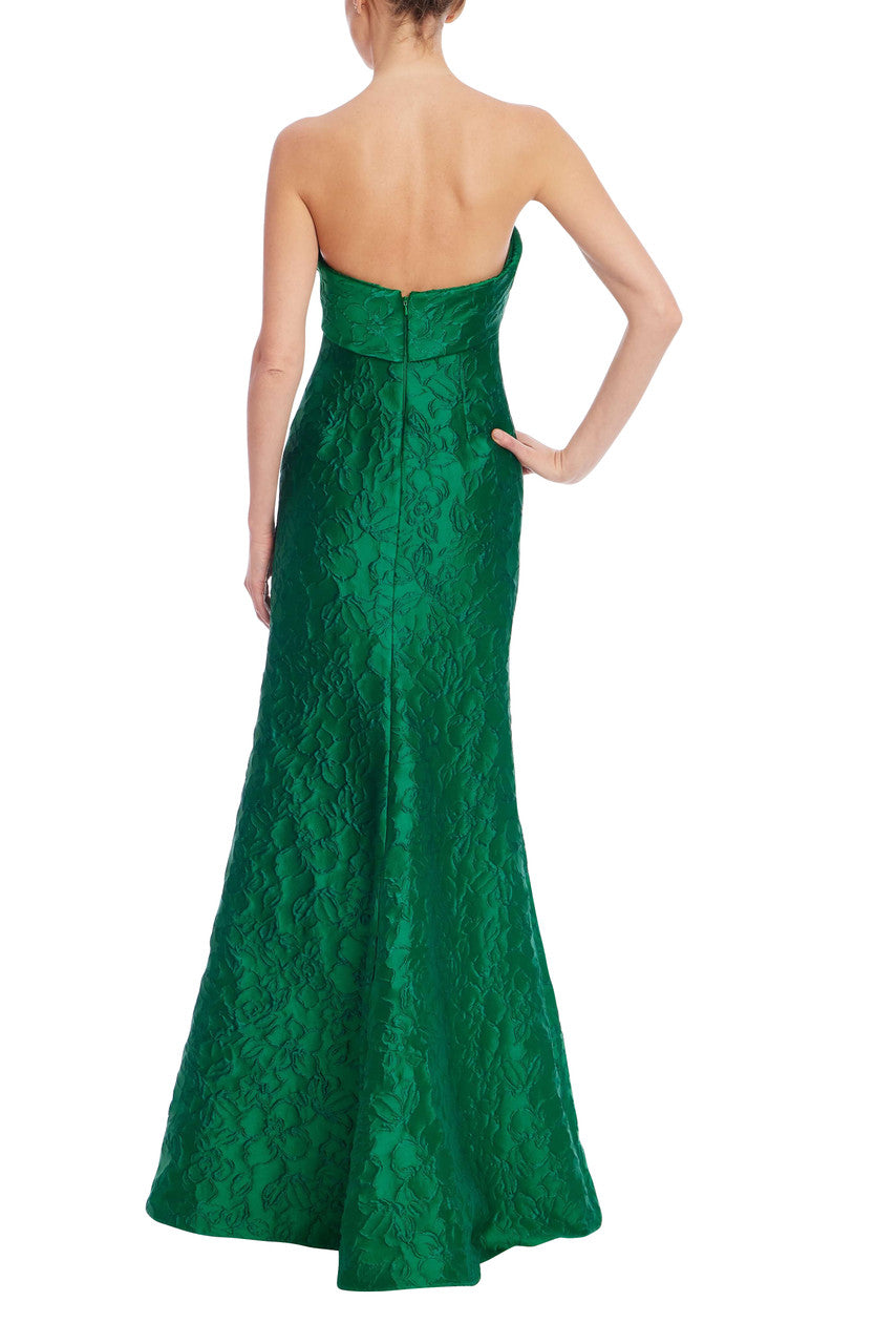 Emerald | Emerald Green Strapless Floral Jacquard Mermaid Gown Back