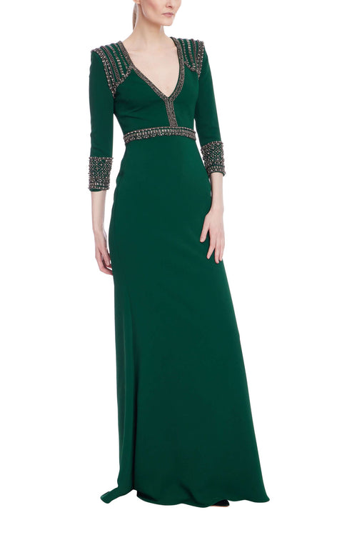 Dark Emerald | Beaded Three-Quarter Sleeve Gown Front