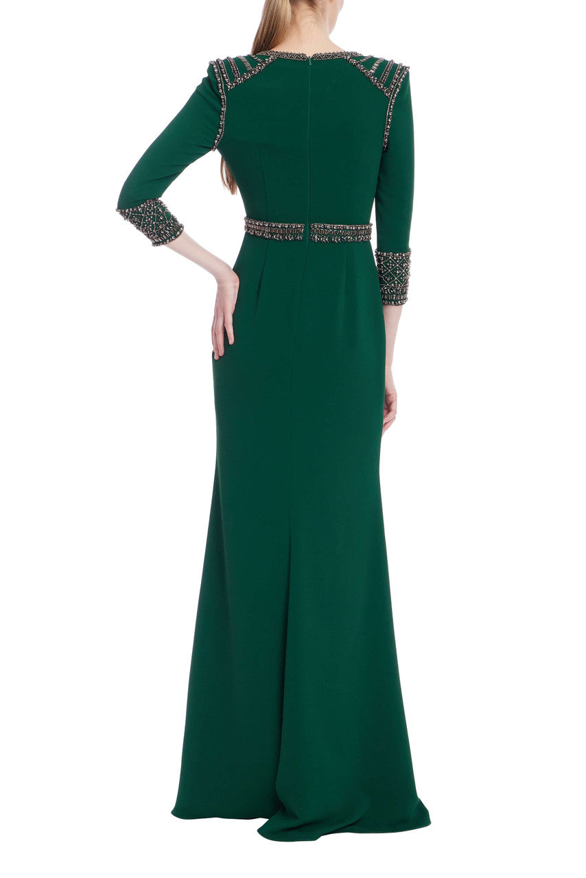Dark Emerald | Beaded Three-Quarter Sleeve Gown Back