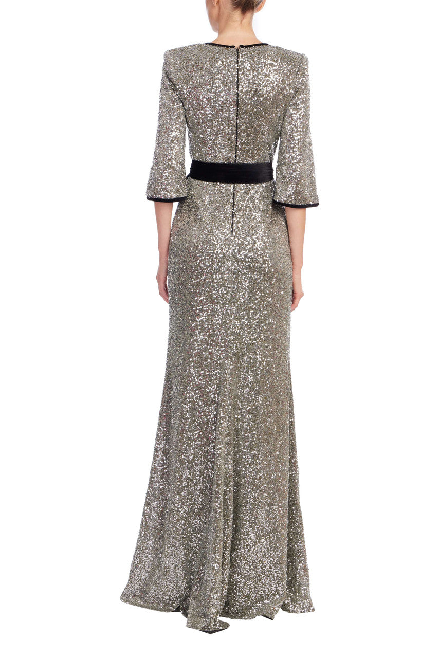 evening dress of gunmetal grey silk faille Metallic Cut-Out Long Prom Dress with Beads Gunmetal / 14