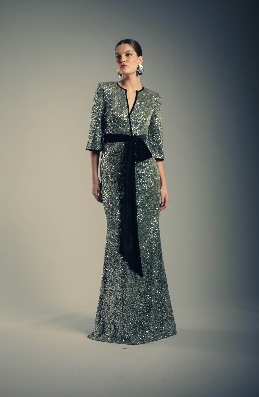 badgley mischka evening dresses sale Cape-effect crepe gown - green