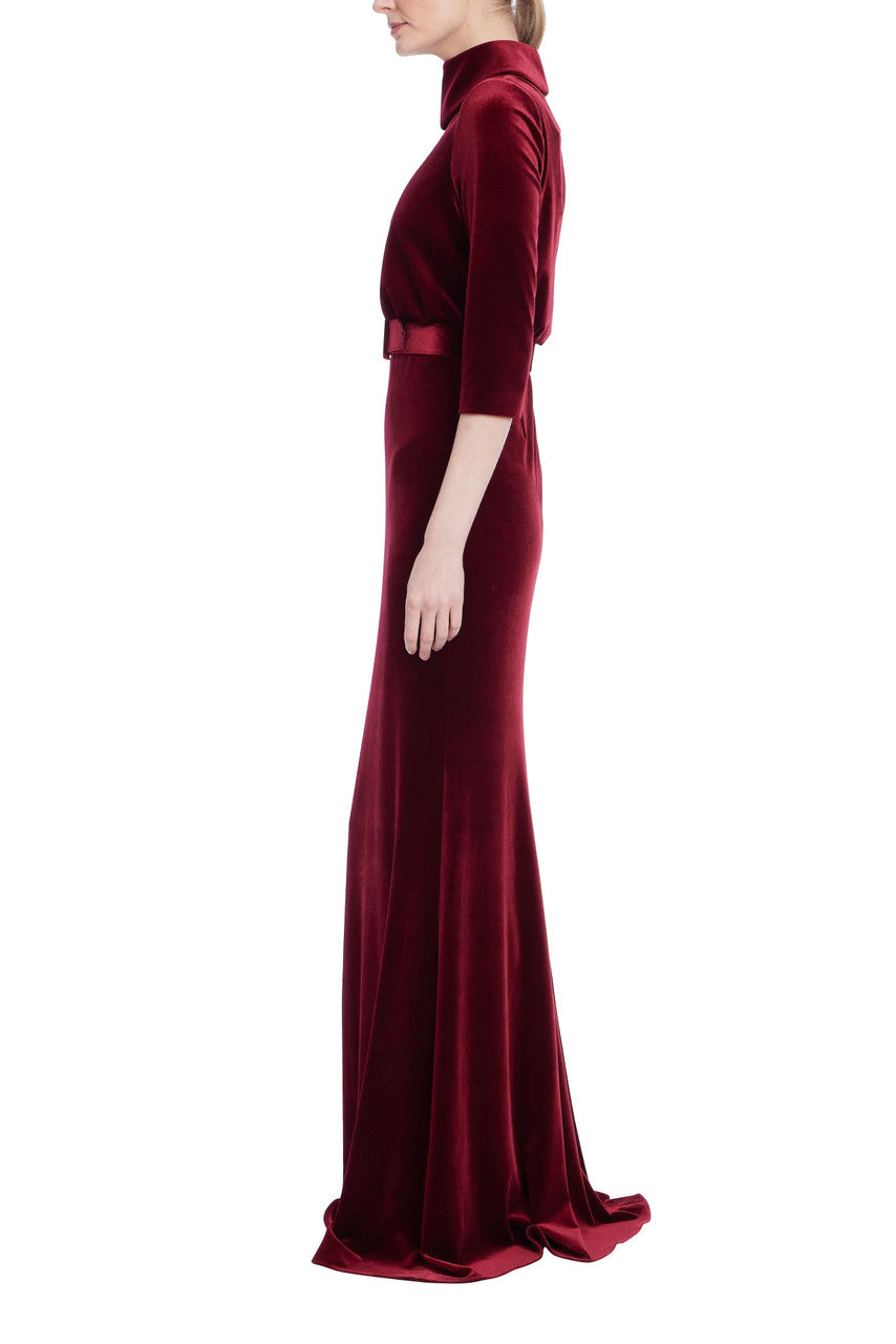 Badgley Mischka Velvet Mock Neck Belted Sheath Gown Dress Badgley Mischka Velvet Mock Neck Belted Sheath Gown Dress