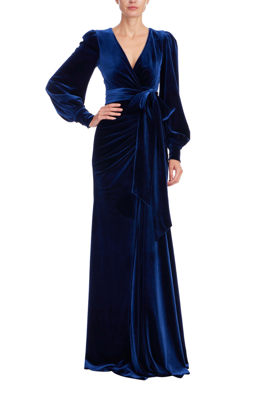 Navy | Navy Velvet Drape Gown with Puffed Sleeves Front
