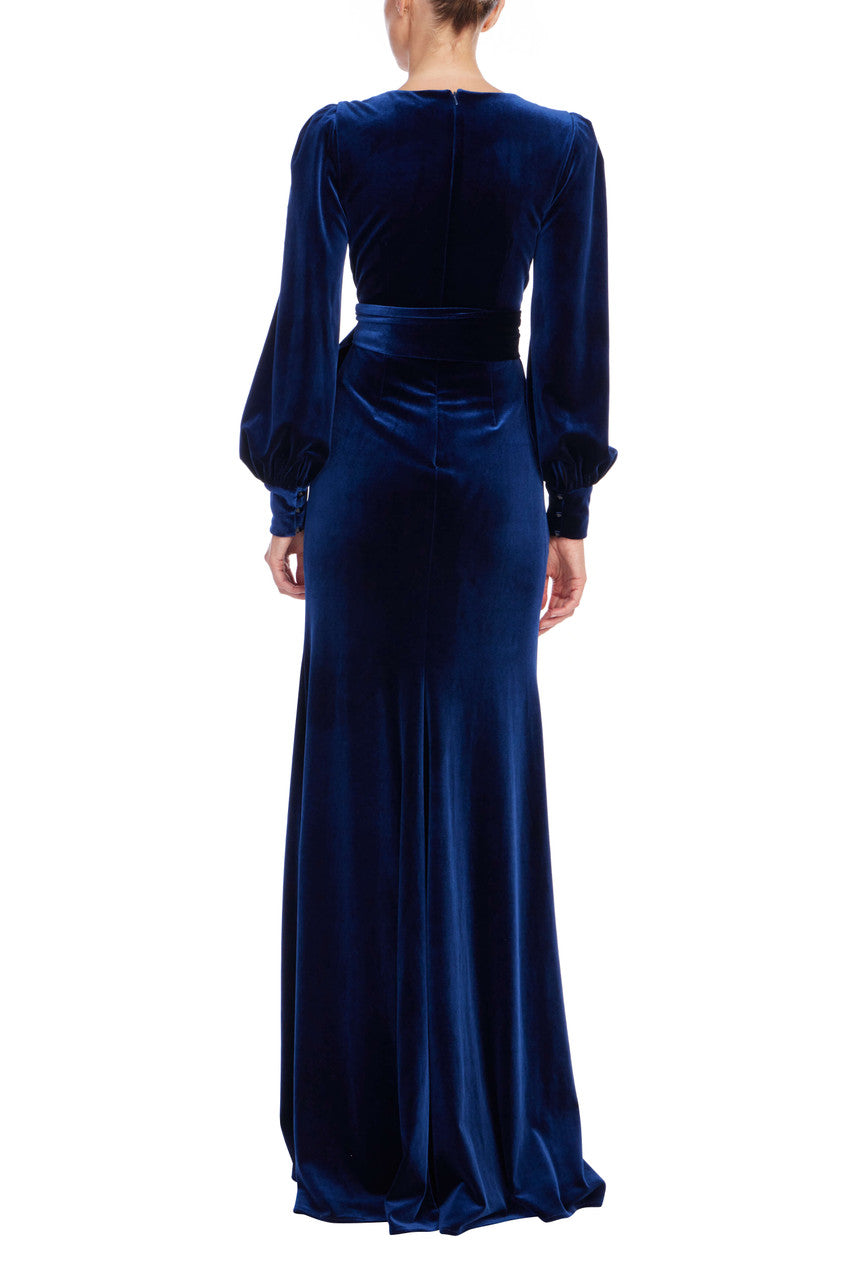 Navy | Navy Velvet Drape Gown with Puffed Sleeves Back