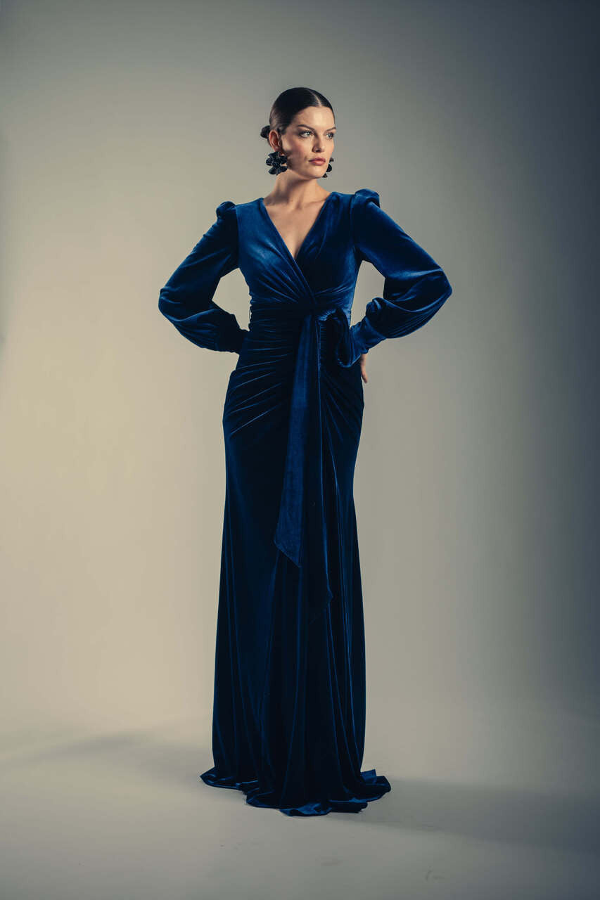 Navy Velvet Drape Gown with Puffed Sleeves by Badgley Mischka Navy Velvet Drape Gown with Puffed Sleeves by Badgley Mischka