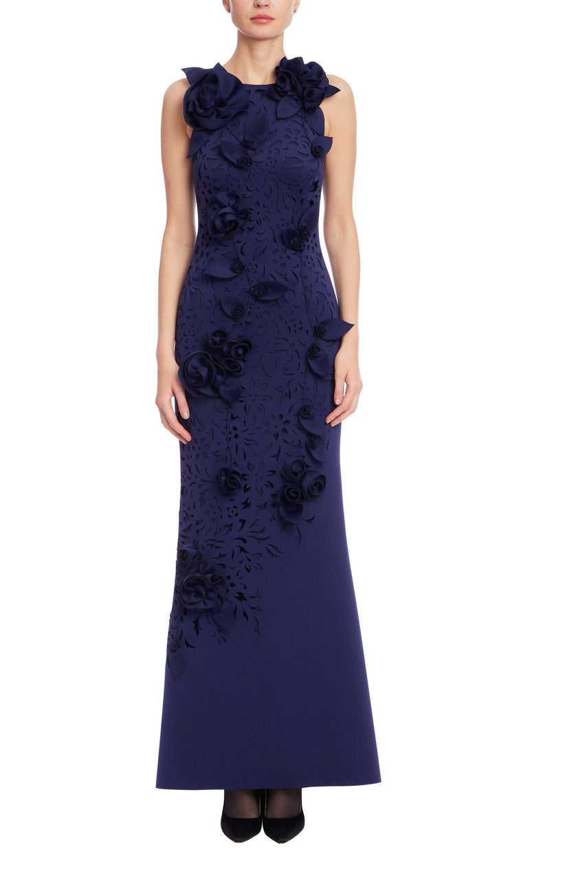Navy | Sleeveless 3D Floral Appliqué Trumpet Gown Front