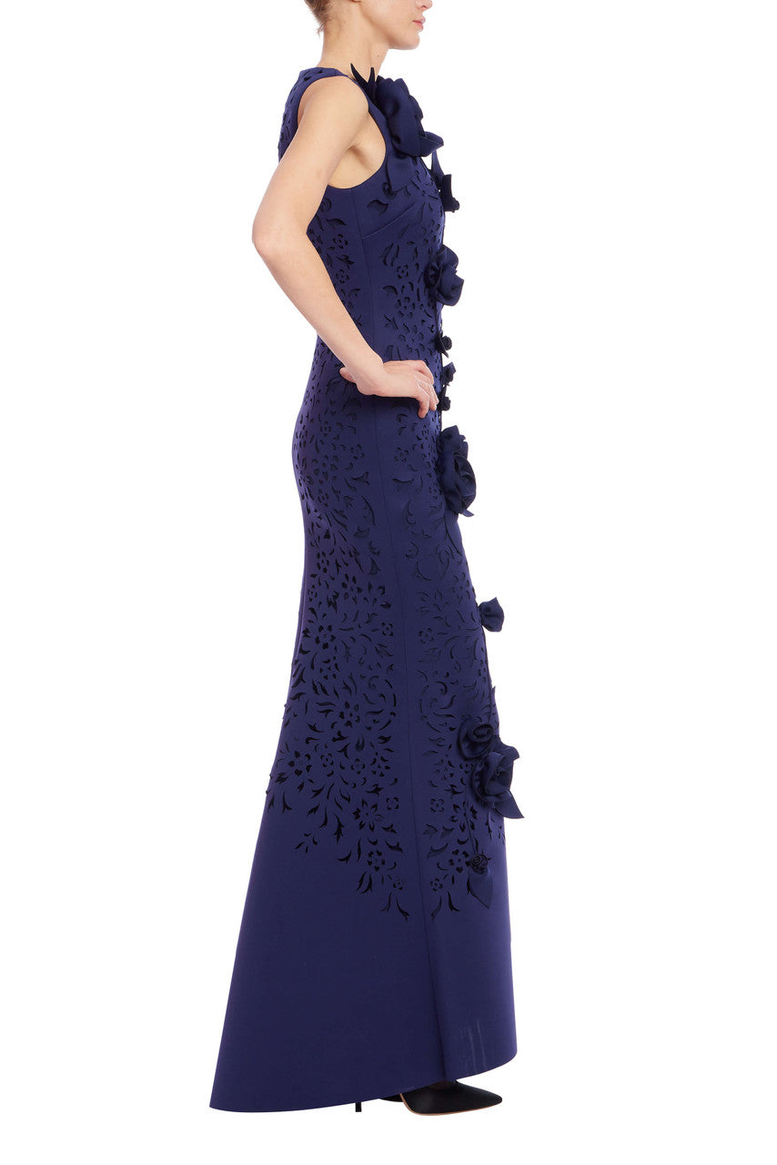 Navy | Sleeveless 3D Floral Appliqué Trumpet Gown Side