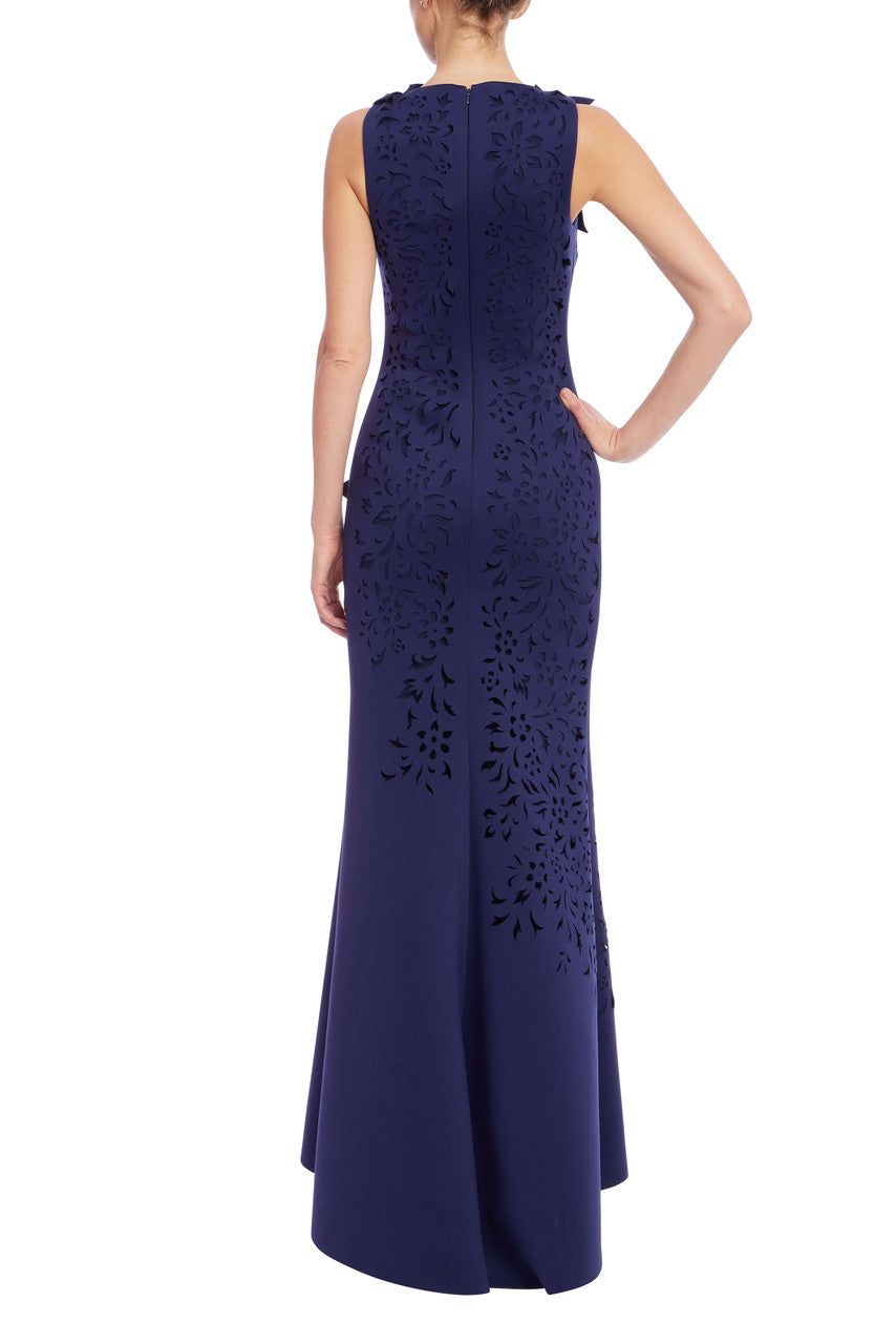 Navy | Sleeveless 3D Floral Appliqué Trumpet Gown Back