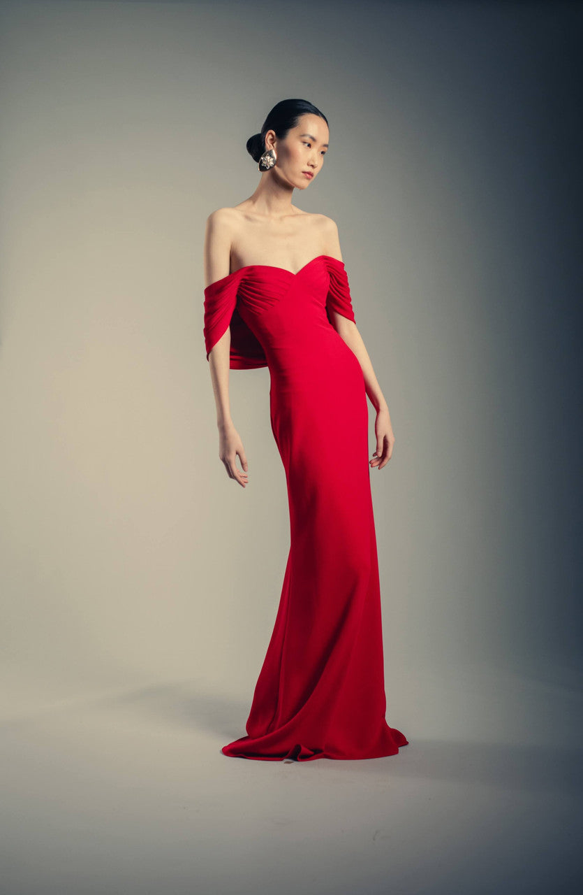 badgley mischka red off the shoulder dress Draped Off-the-Shoulder Trumpet Gown