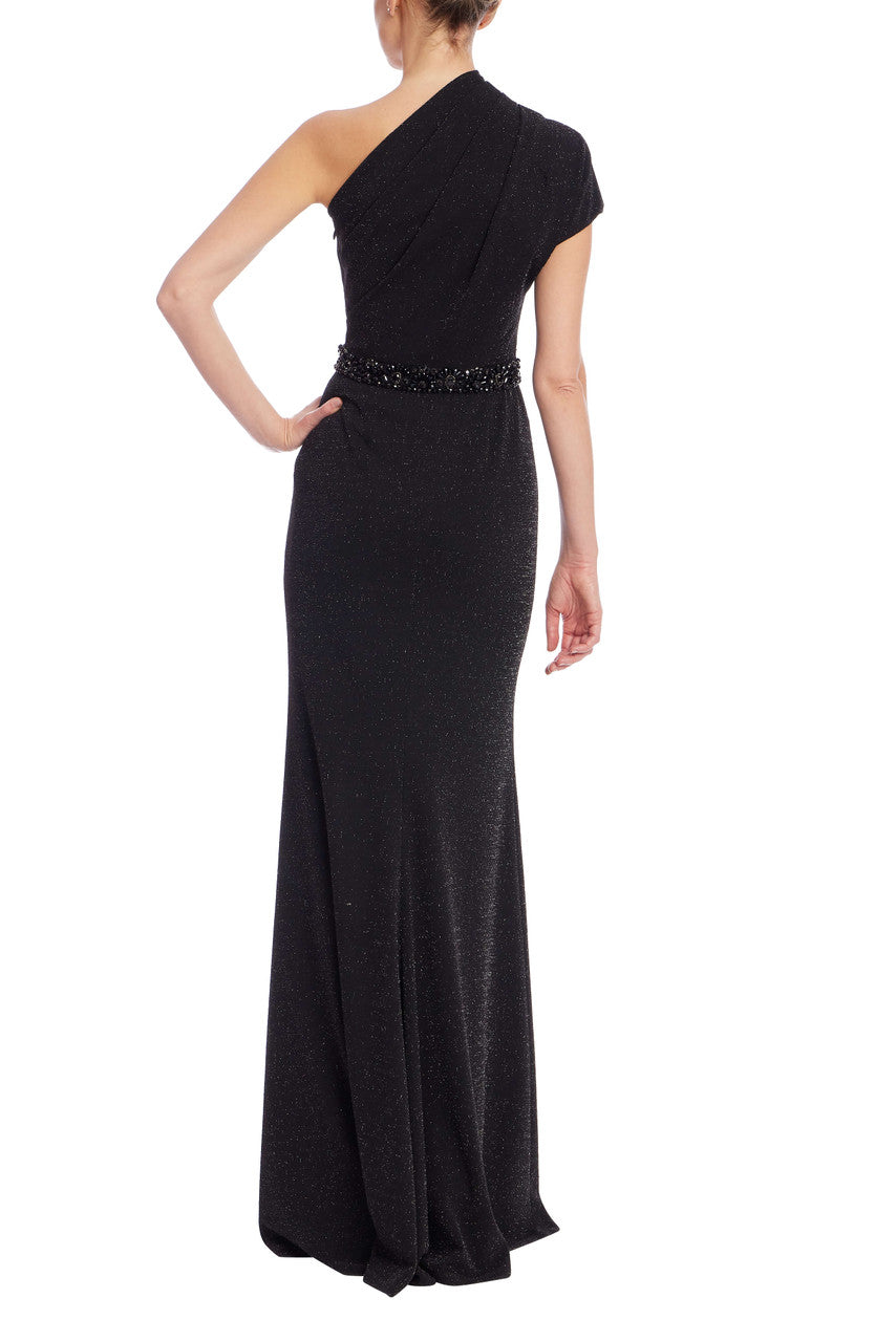 Black | One-Shoulder Buckle Belt Evening Gown Back