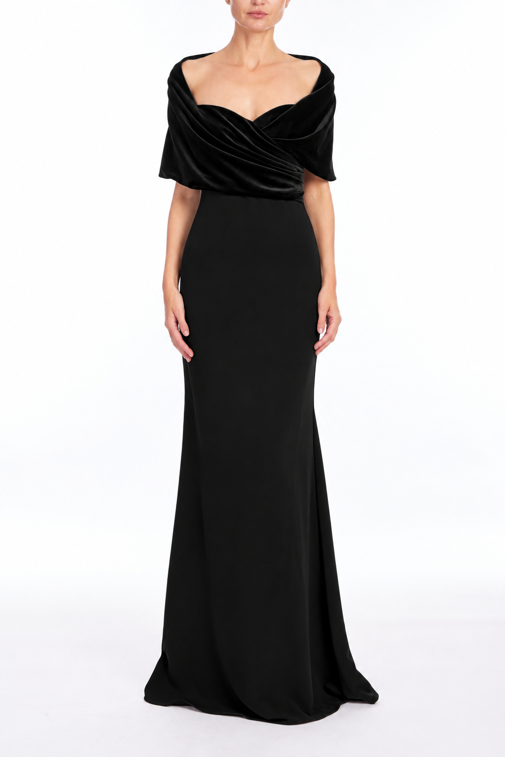 Black | Velvet Drape Cape Gown Front
