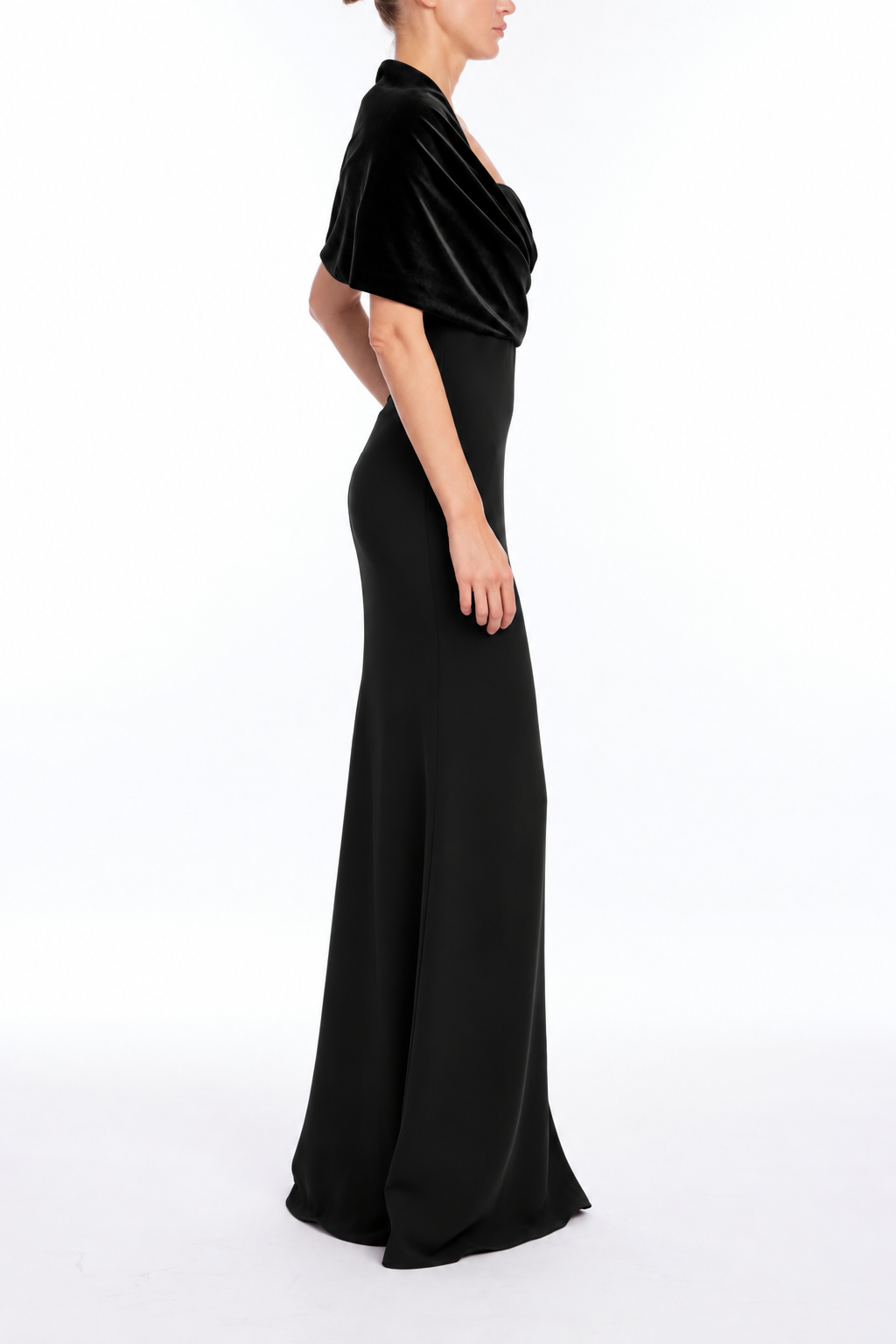 Black | Velvet Drape Cape Gown Side