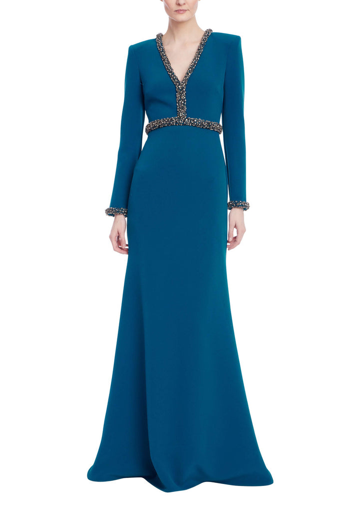 Long Sleeve Teal Gown with Beaded Trim by Badgley Mischka